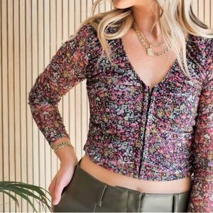 STEVE MADDEN Floral Mesh Long Sleeve Crop Top Hook And Eye Front Sz XS Small New